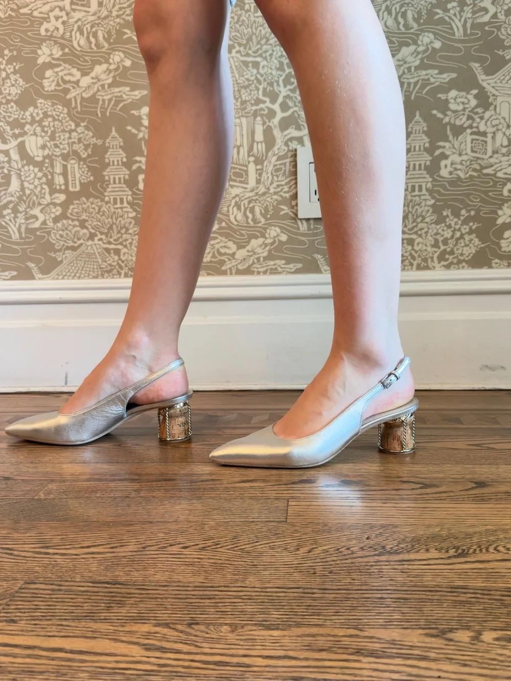 Metallic Silver Slingback Block Heel Pumps - Picture 1 of 5